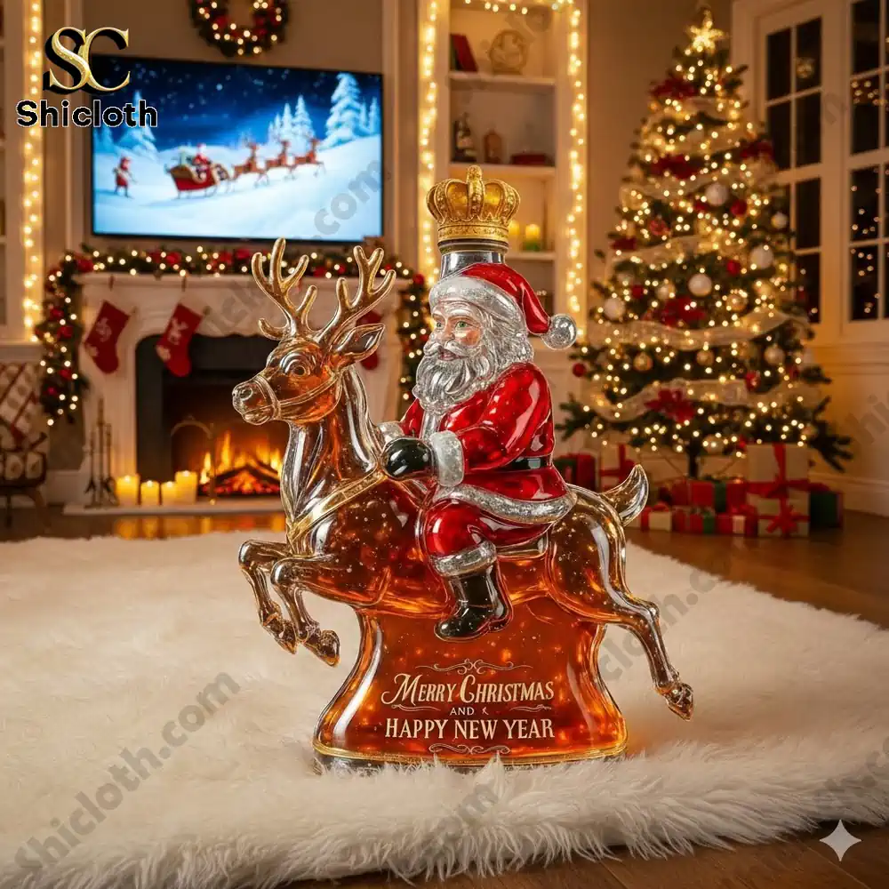 Santa Claus riding a reindeer whiskey bottle with Christmas decorations in the background.