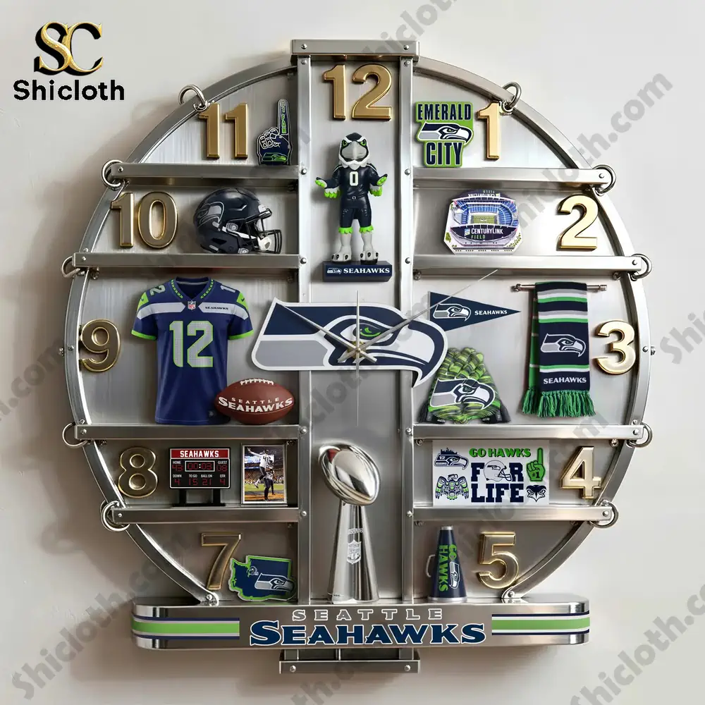A round Seattle Seahawks themed wall clock decorated with team memorabilia and a central logo!