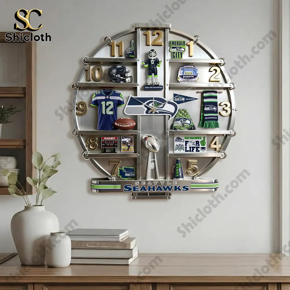 A Seattle Seahawks themed wall clock displayed above a wooden cabinet in a modern room!