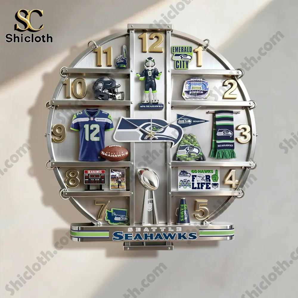 Seattle Seahawks Home Decorative Wall Clock 3 A Seattle Seahawks themed wall clock illuminated by light and highlighting memorabilia!