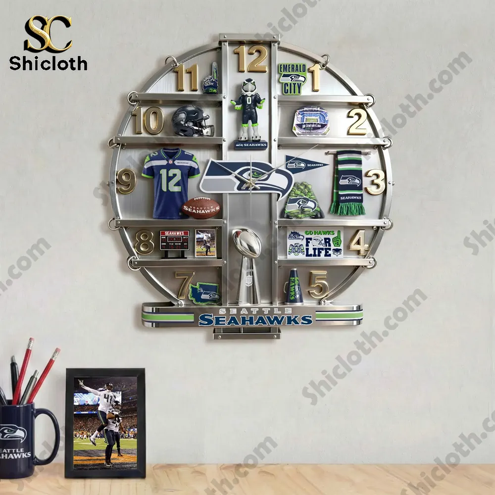 Seattle Seahawks Home Decorative Wall Clock 4 A Seattle Seahawks themed wall clock mounted above a desk with matching fan items!