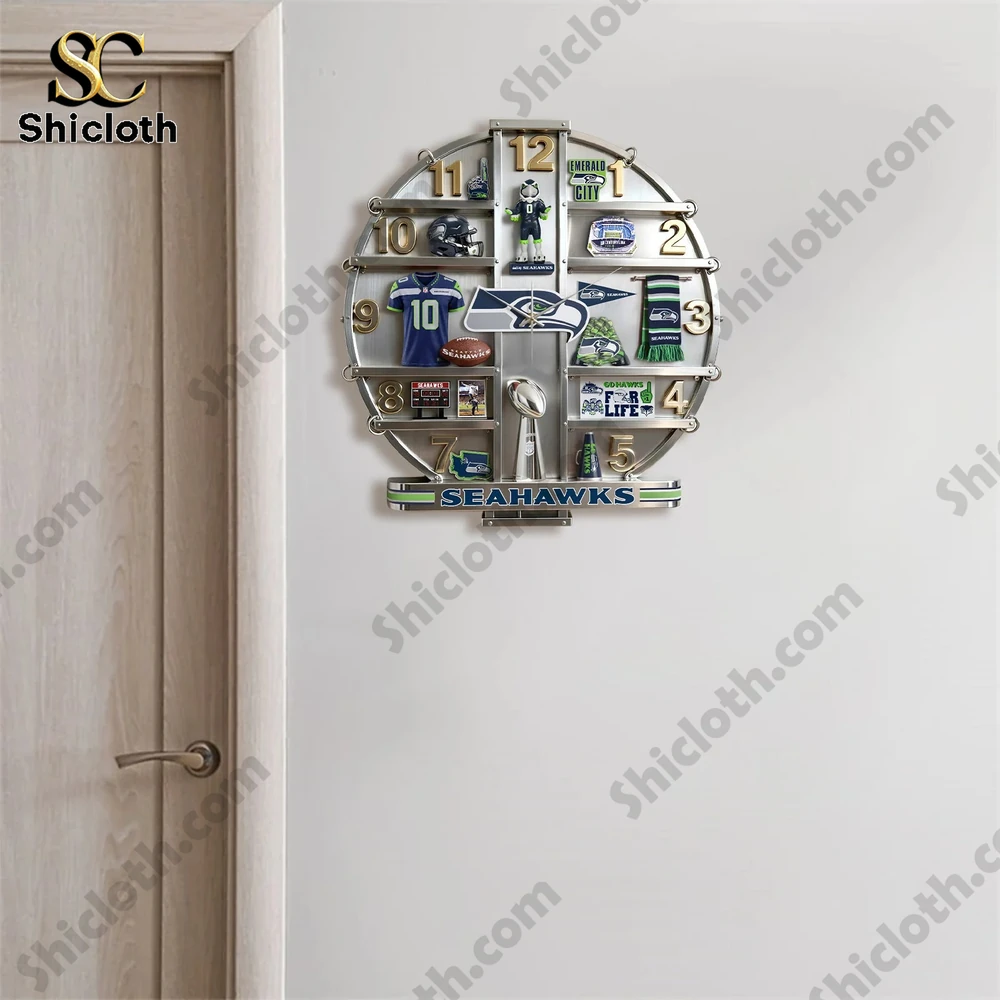 Seattle Seahawks Home Decorative Wall Clock 5 A Seattle Seahawks themed wall clock positioned near a doorway on a plain wall!