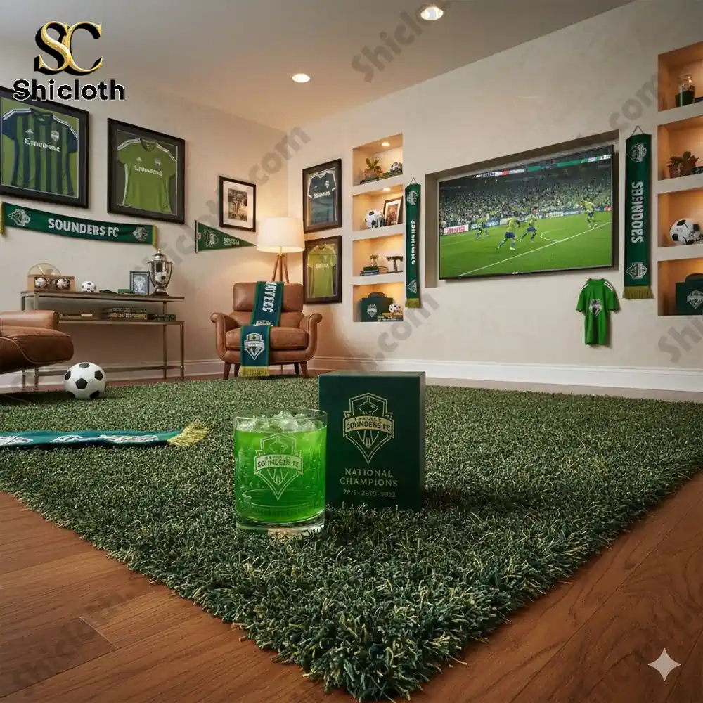 Seattle Sounders themed room with green glass and box on carpet!