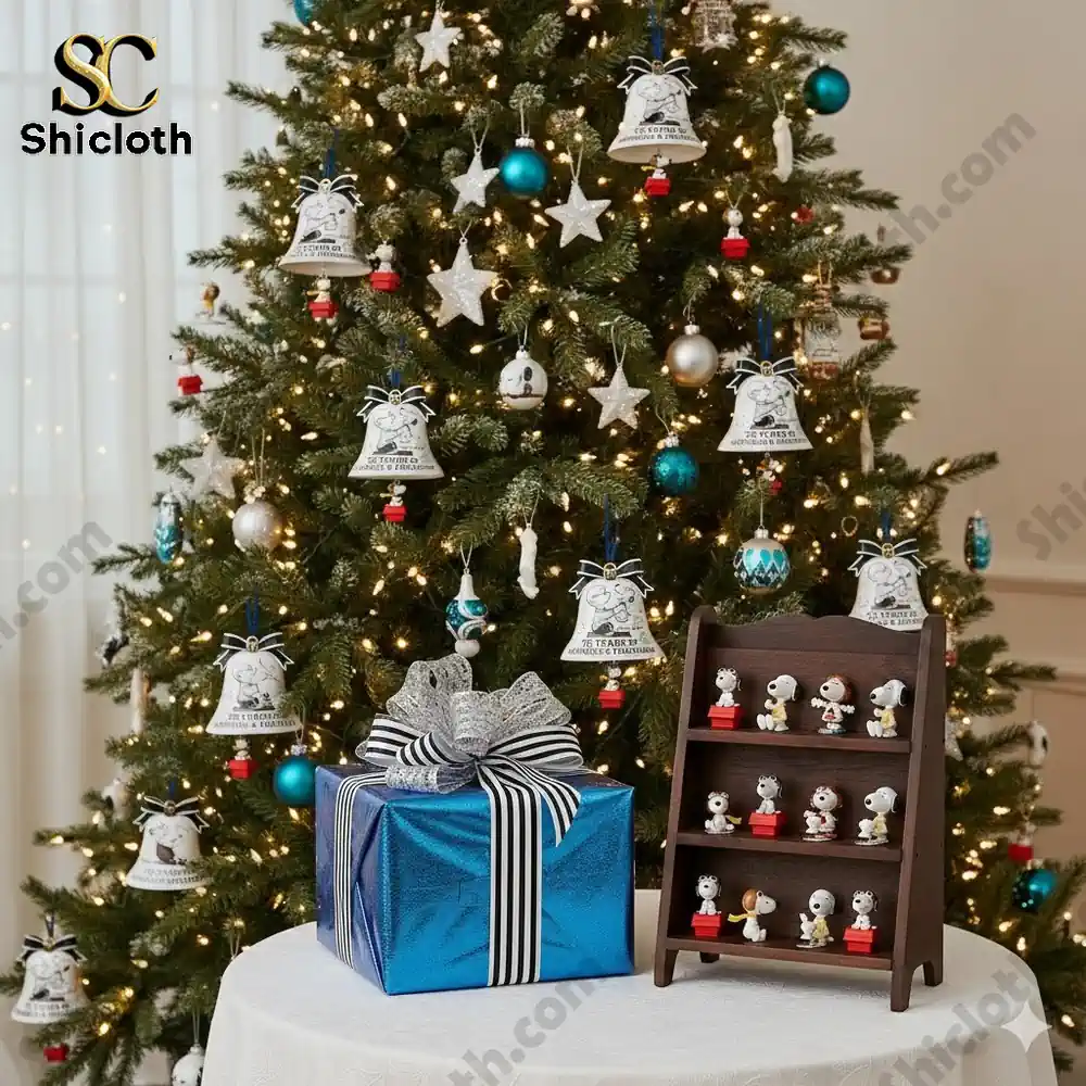 Christmas tree decorated with Snoopy themed ornaments with a gift box and a small display shelf of Snoopy figures.
