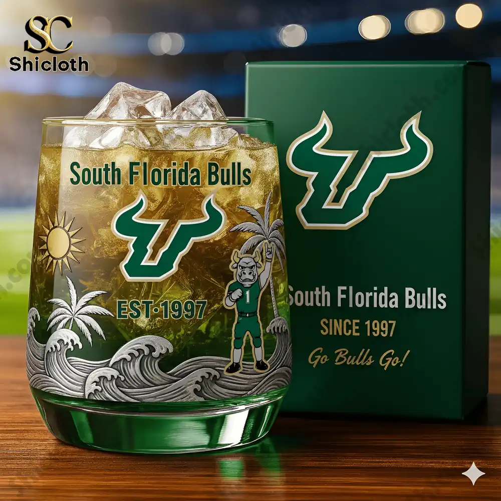 South Florida Bulls whiskey glass with ice and green gift box by Shicloth!