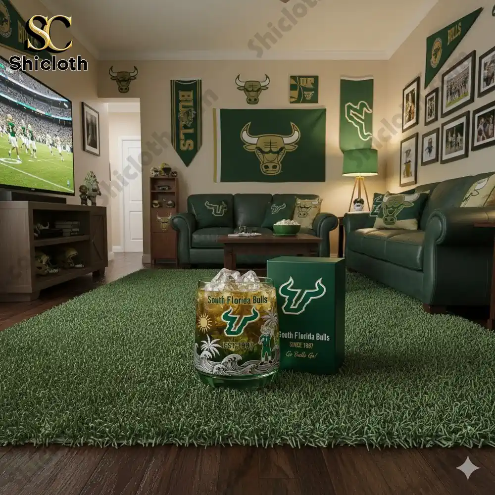South Florida Bulls themed living room with whiskey glass display by Shicloth!