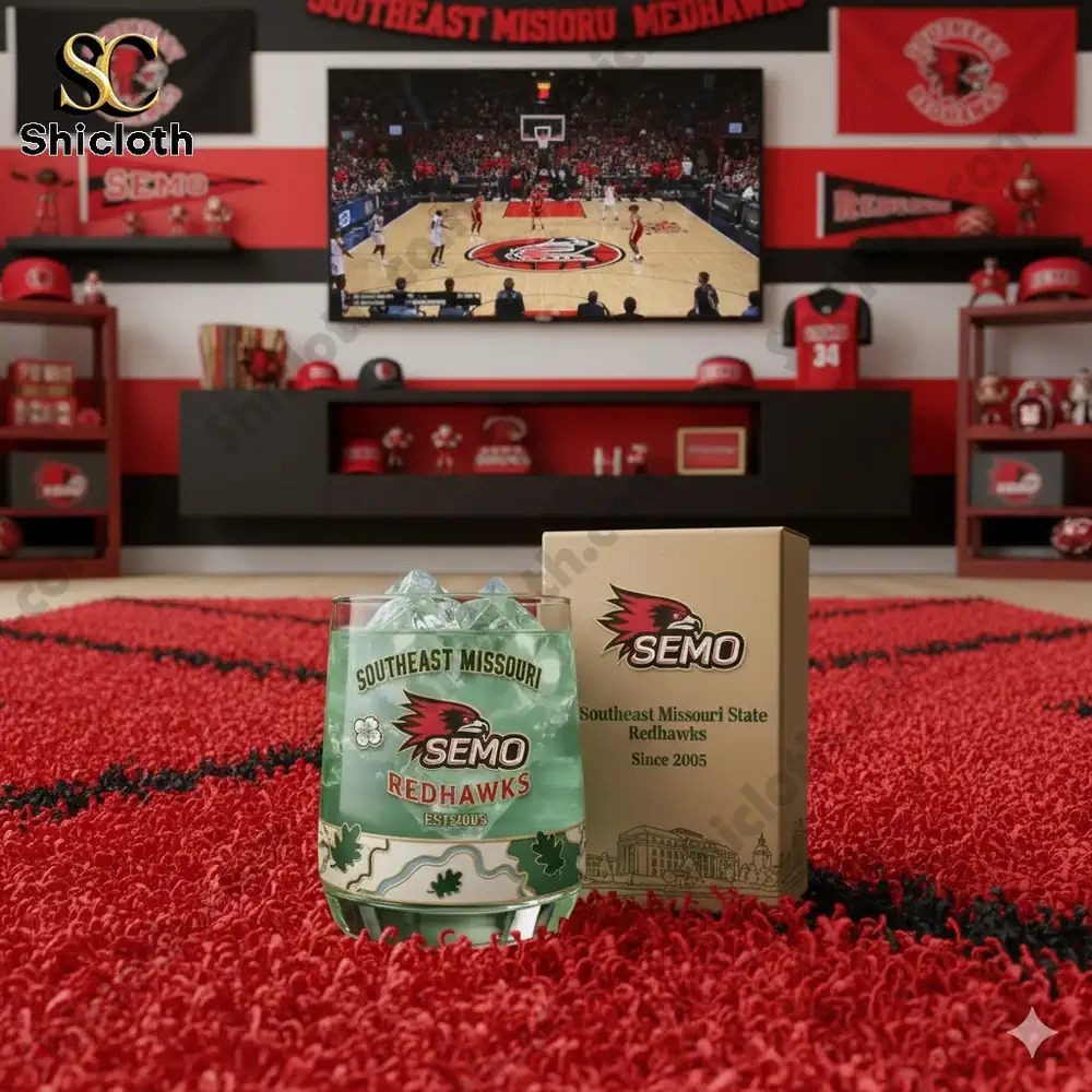 Southeast Missouri State Redhawks glass and themed decor with a basketball game on TV.