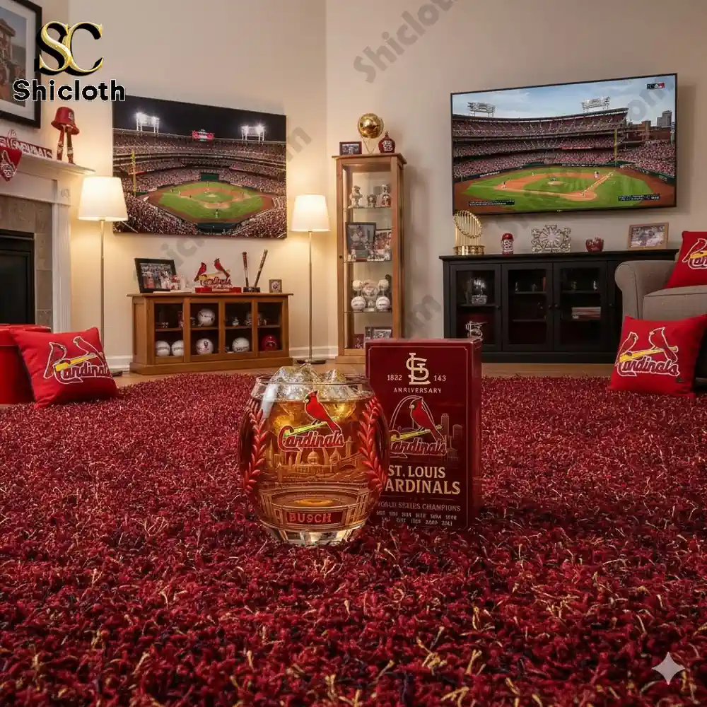 Cardinals commemorative glass displayed in a themed living room by Shicloth!