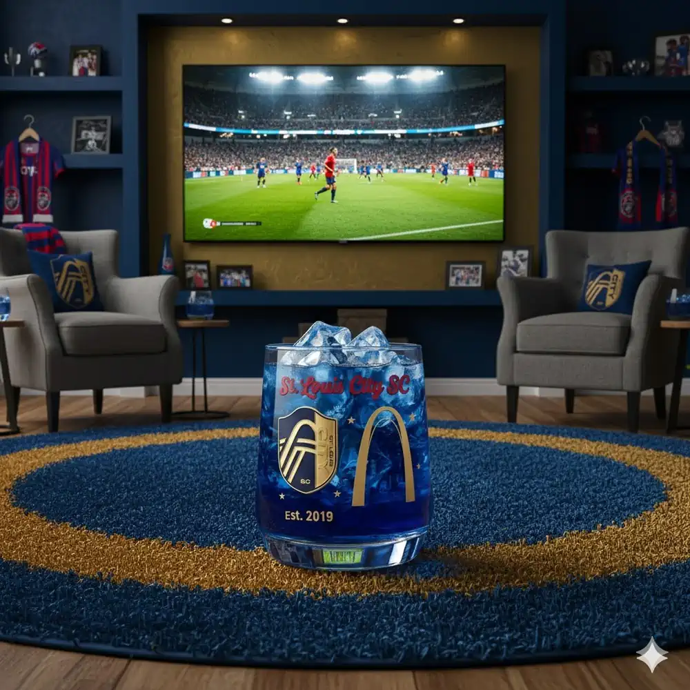 A blue themed room with a St Louis City SC glass filled with ice placed on a rug while a soccer match plays on a large screen!
