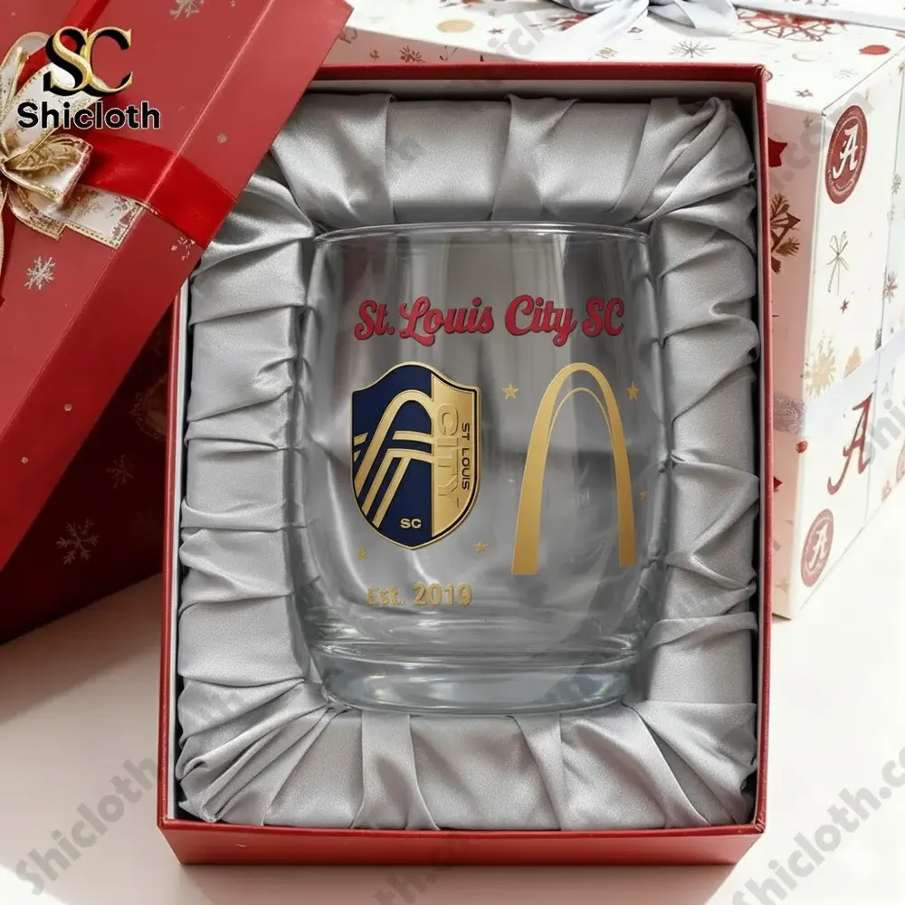 A St Louis City SC glass displayed inside a padded gift box!