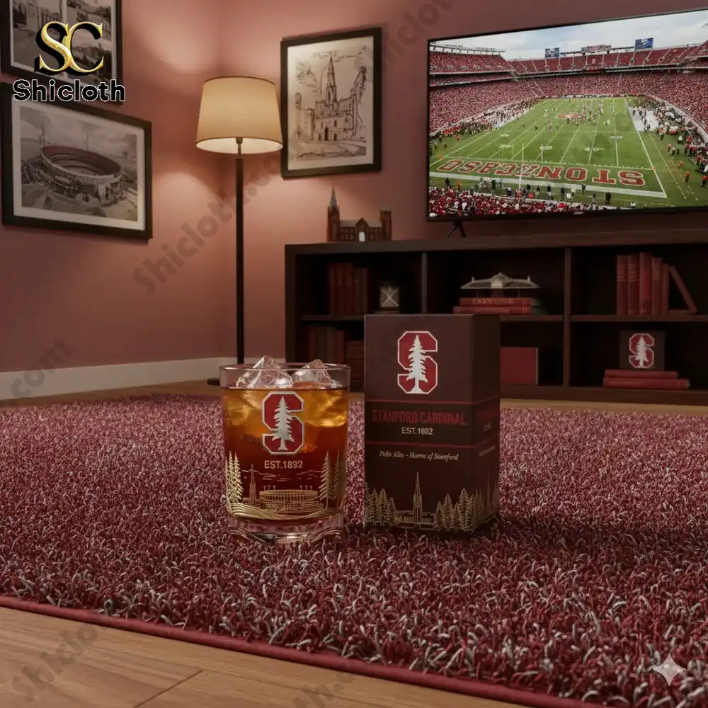 Stanford Cardinal whiskey glass in cozy living room during football game!