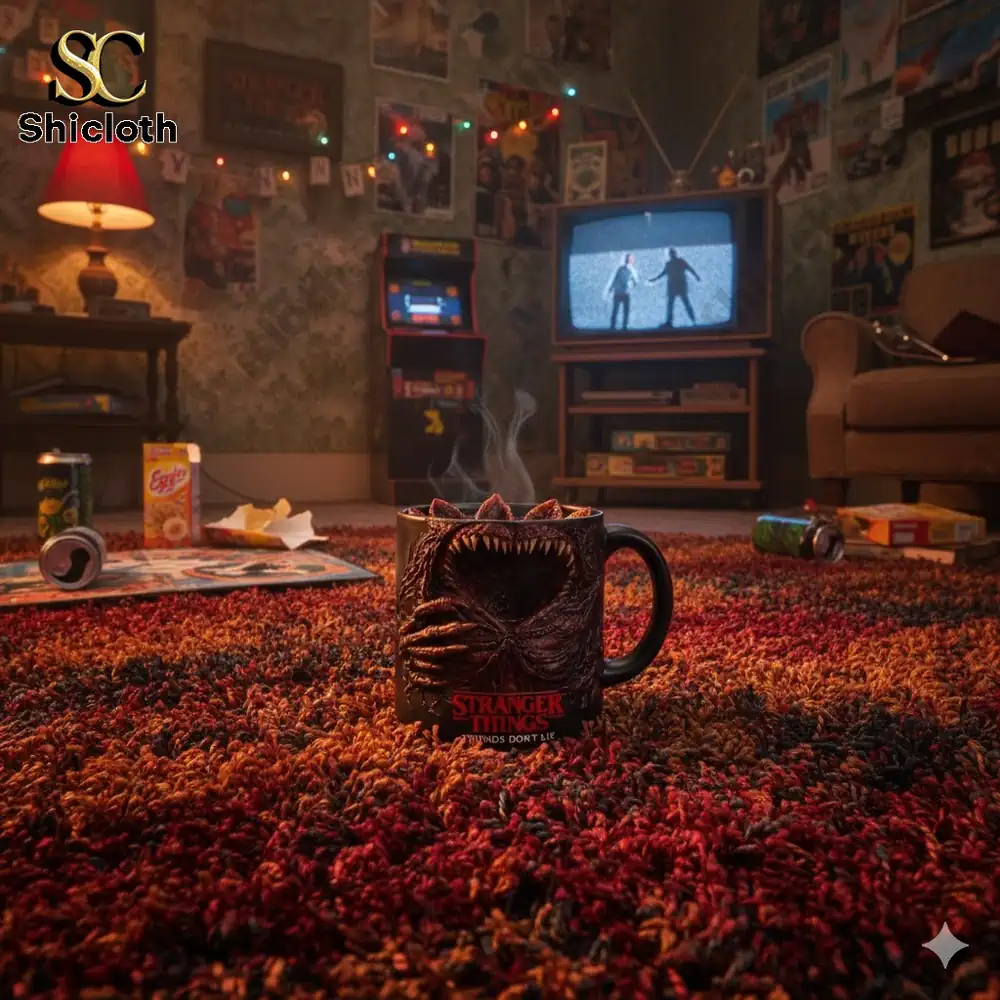 Monster mug steaming on carpeted retro living room with tv arcade and snacks!
