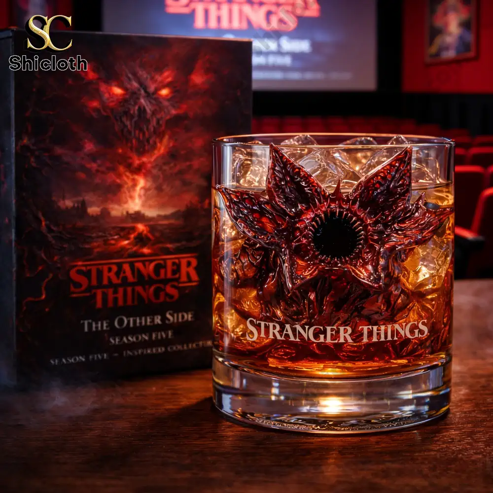Demogorgon Sculpted Whiskey Glass 118 Stranger Things themed whiskey glass with demonic design and collector box on wooden table!