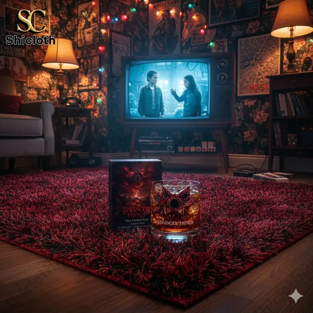 Stranger Things whiskey glass displayed in a retro living room with television scene!