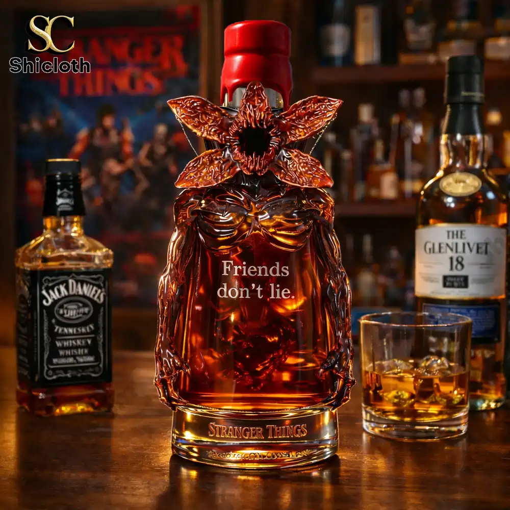 Demogorgon Sculpted Whiskey Glass 126 Stranger Things inspired decorative whiskey bottle on a bar table!