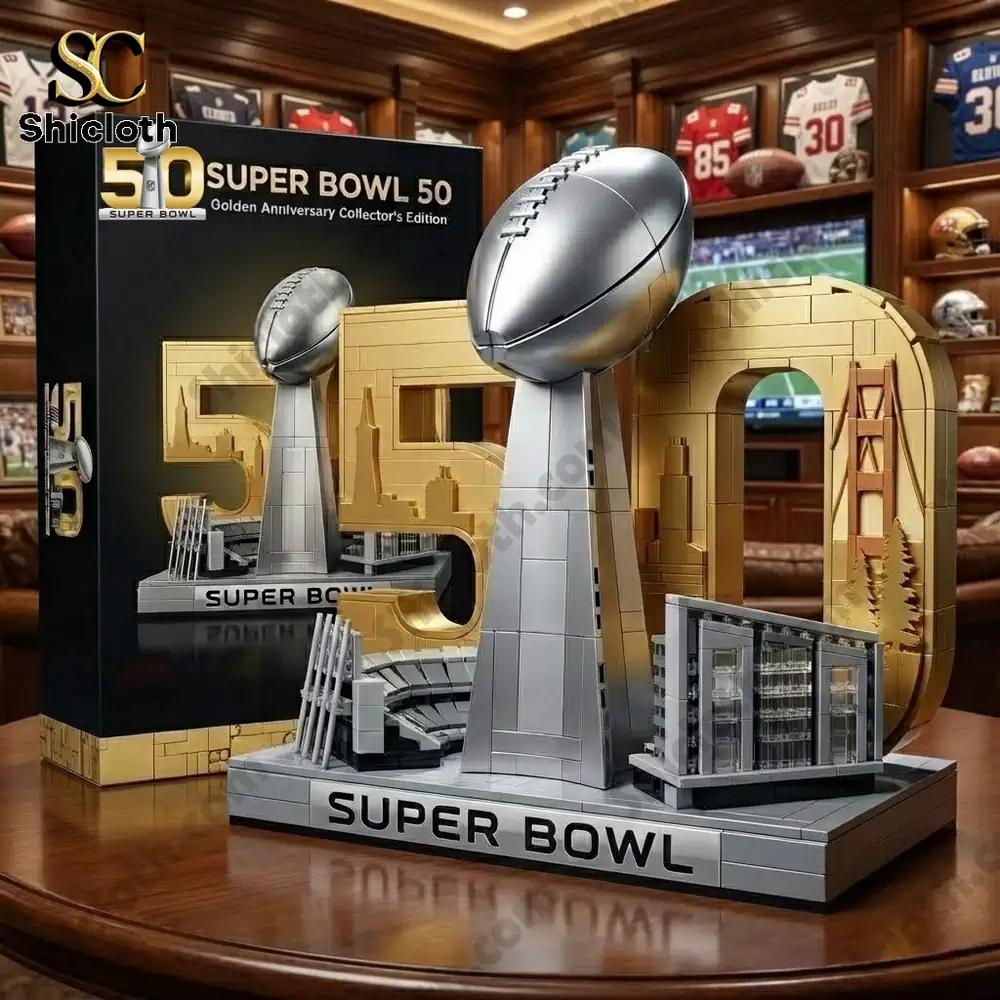 A display model of Super Bowl fifty with a large trophy and gold fifty backdrop.