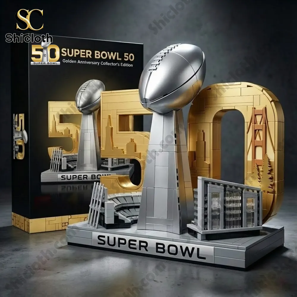 A Super Bowl fifty model with a trophy and gold fifty backdrop placed near a box.