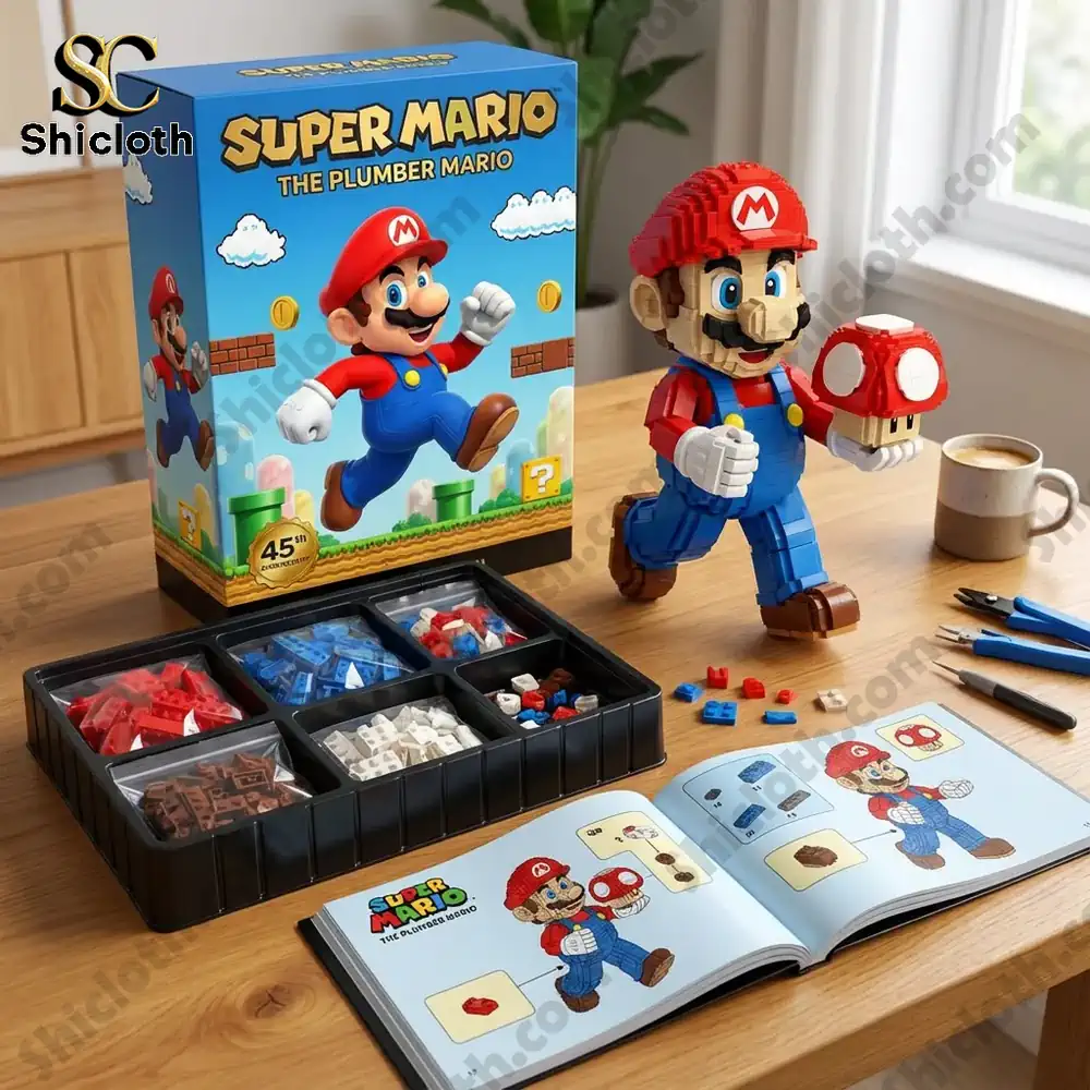 A brick style Mario figure displayed on a desk near its box and open building manual with organized brick trays!