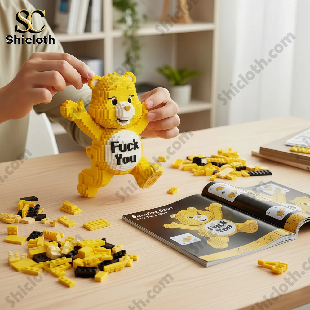 A yellow brick bear with a person assembling it on a table featuring offensive text.