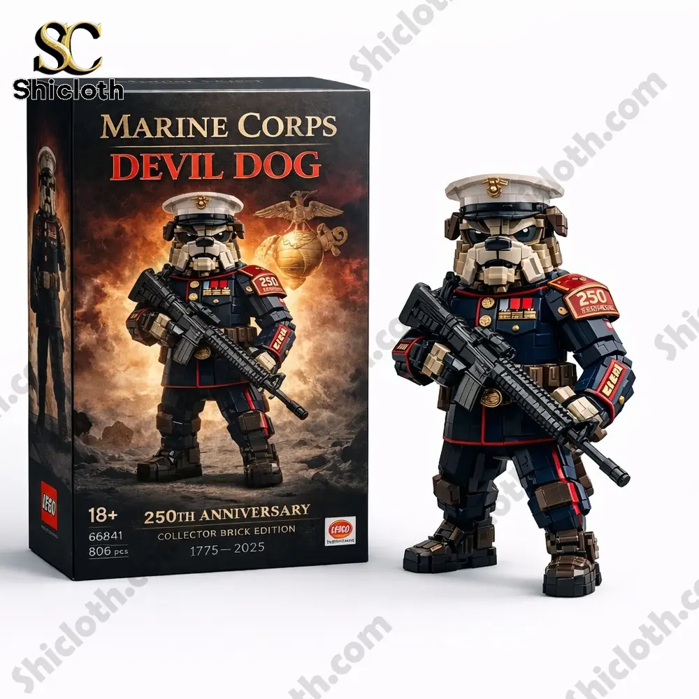 Swearing Bear Collector Brick Set 5 A marine themed brick dog figure in uniform holding a rifle beside its box.