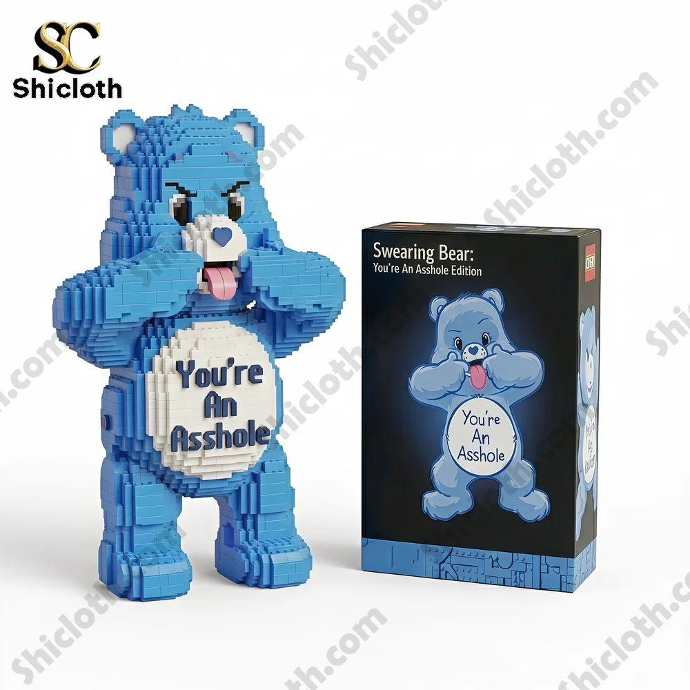 Swearing Bear Collector Brick Set 6 A blue brick bear with offensive text sticking out its tongue beside packaging.