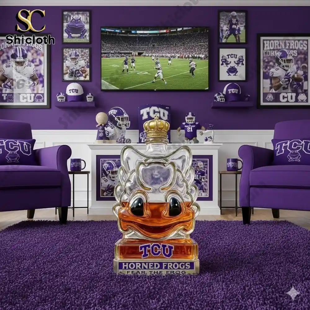 A TCU Horned Frogs mascot whiskey bottle displayed in a room full of purple TCU memorabilia.