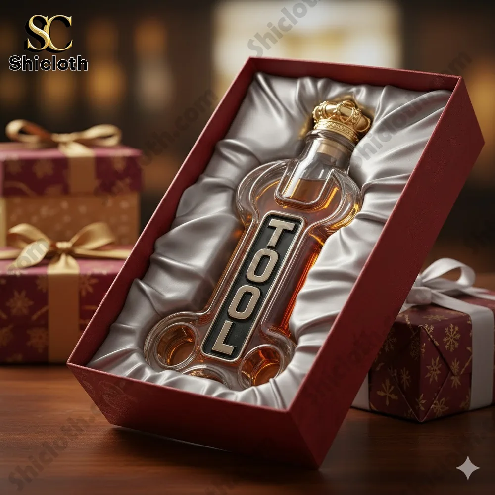 A luxury gift box with a bottle shaped like a tool, labeled TOOL, with a crown on top.