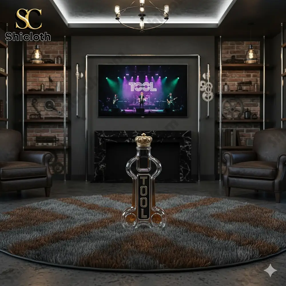 A TOOL-shaped bottle placed on a rug, with a concert of the band TOOL playing on the TV.