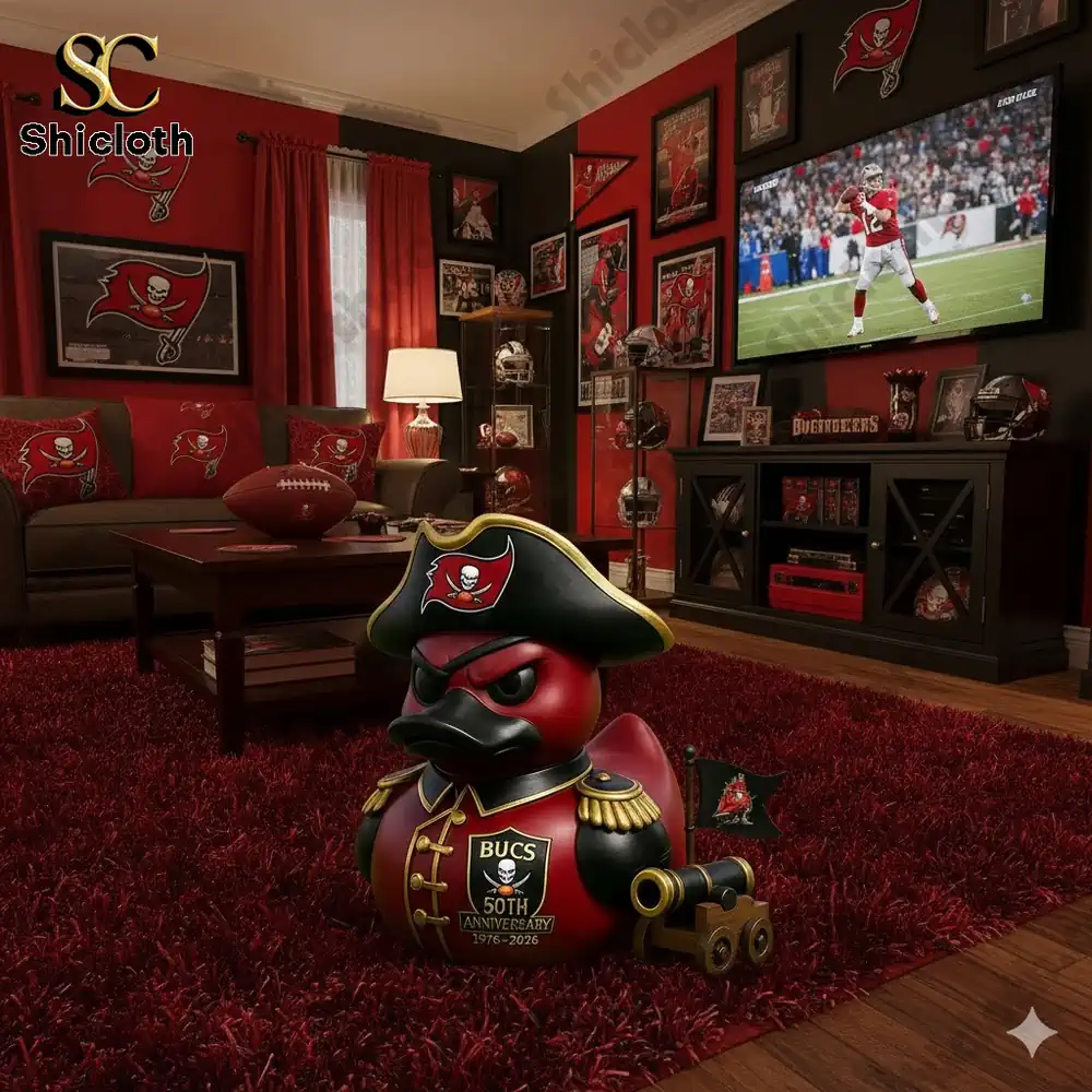 A pirate themed duck figure in a Buccaneers fan room filled with team decor and memorabilia!