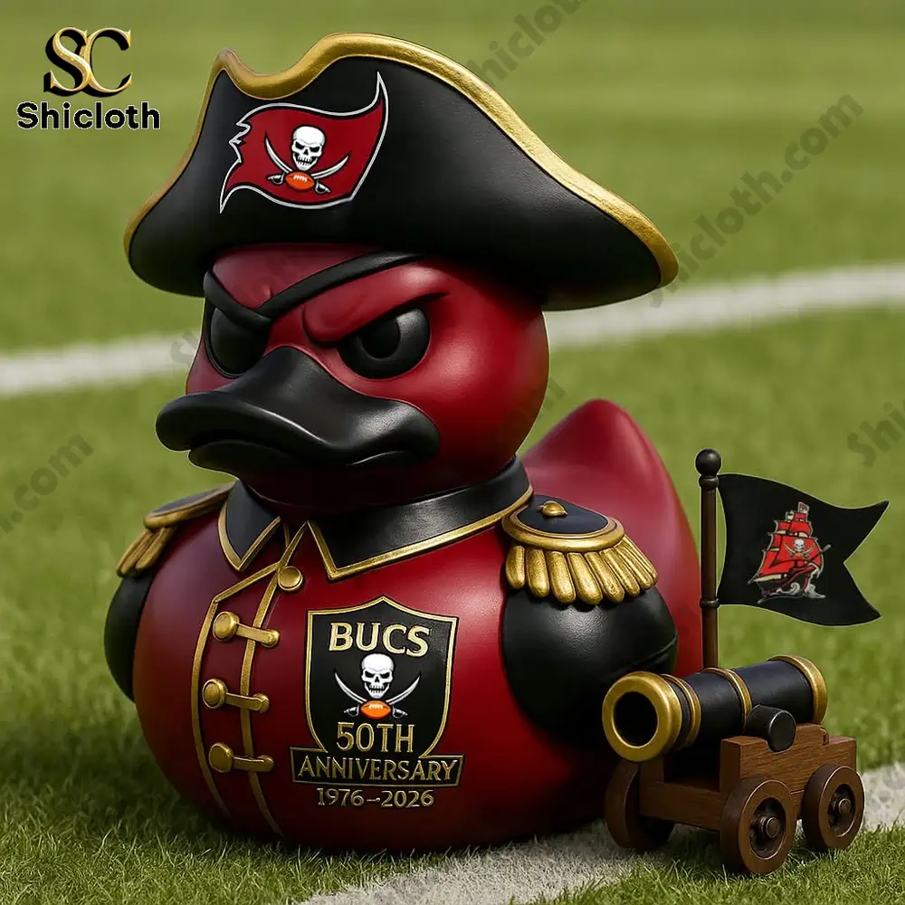 A pirate themed duck figure on a field holding a small Buccaneers flag!