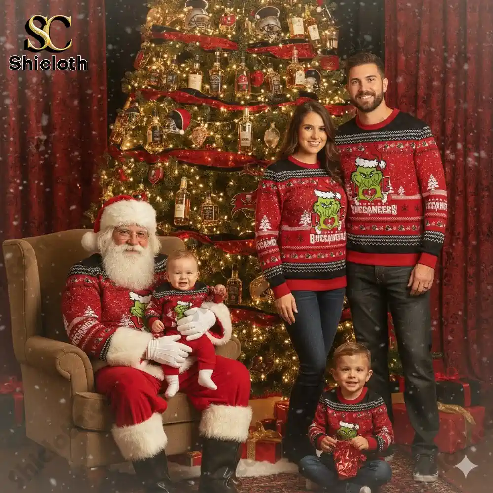 Tampa Bay Buccaneers The Grinch wearing a Santa Claus hat Ugly Christmas Sweaters