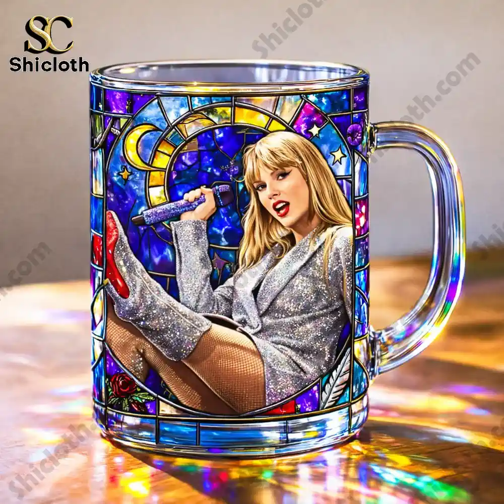 Glass mug featuring a stained glass style illustration of a blonde singer holding a microphone!