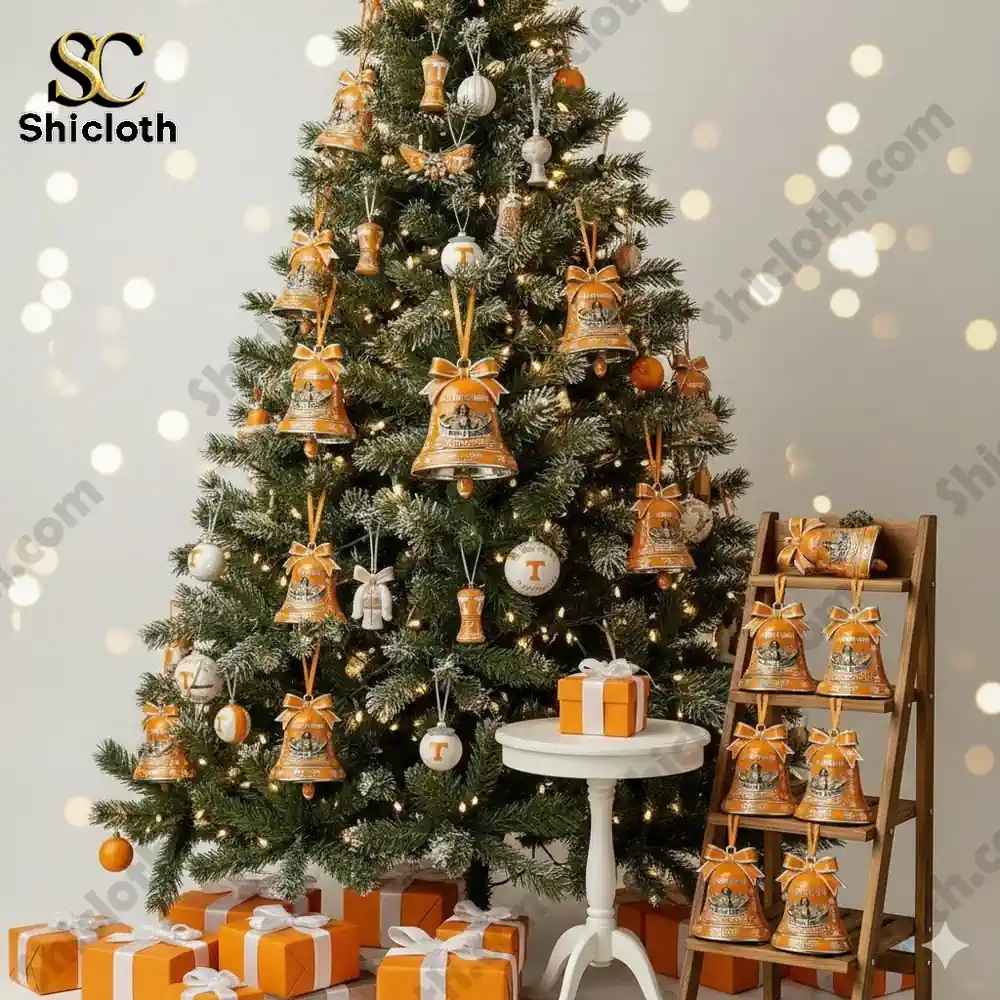 Christmas tree decorated with orange and white bell ornaments and matching gift boxes.