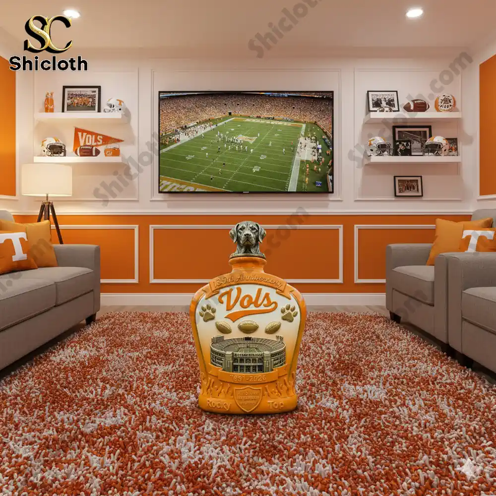 Tennessee Vols whiskey bottle displayed in orange themed fan room!