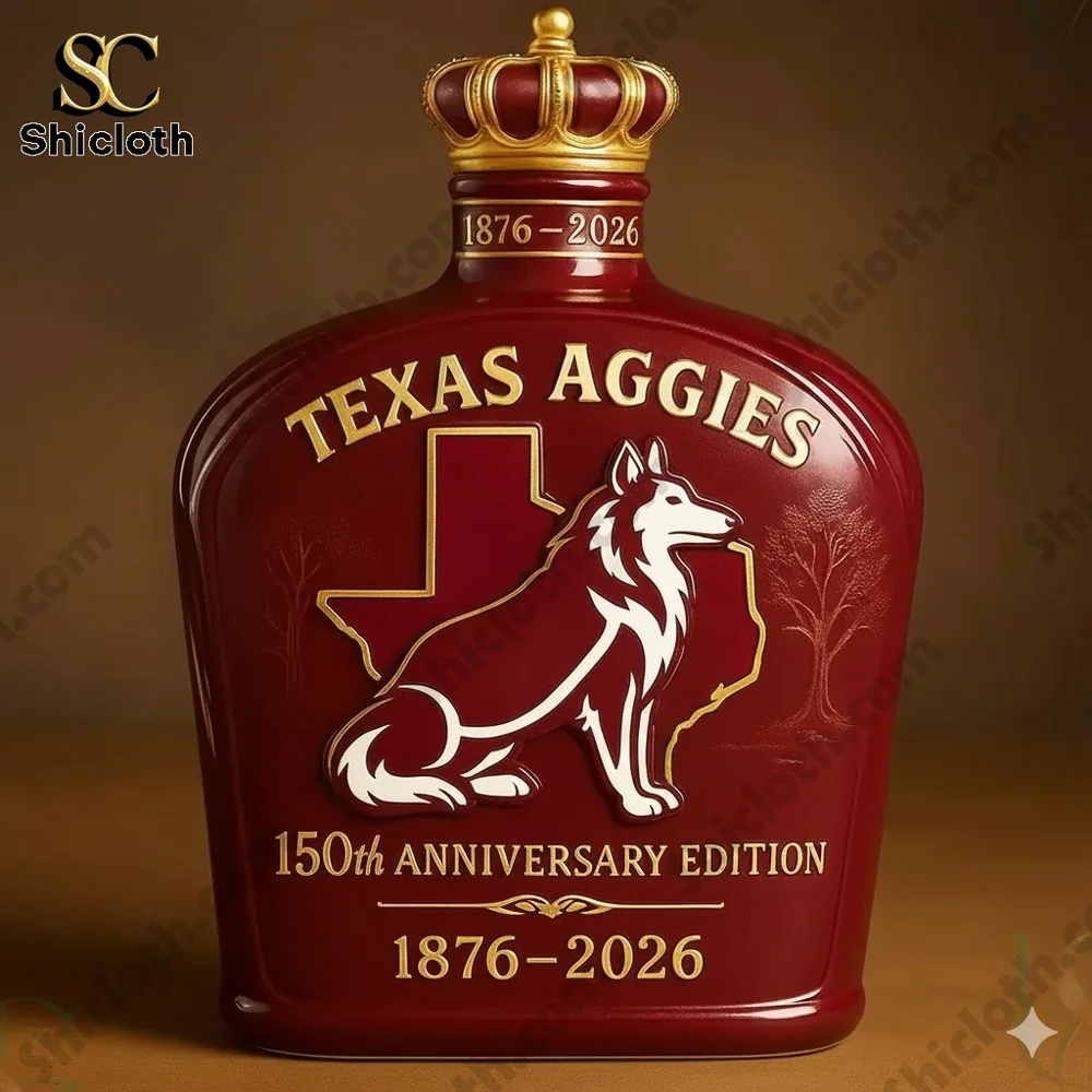Close-up of the Texas A&M 150th Anniversary Whisky Bottle with crown, showing the Texas state outline and wolf design.