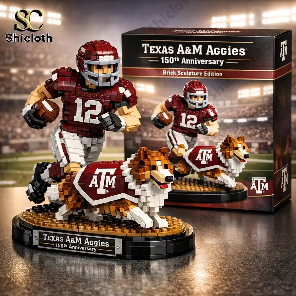 Brick sculpture of a football player and dog mascot in Texas AM Aggies colors on a stadium themed base.