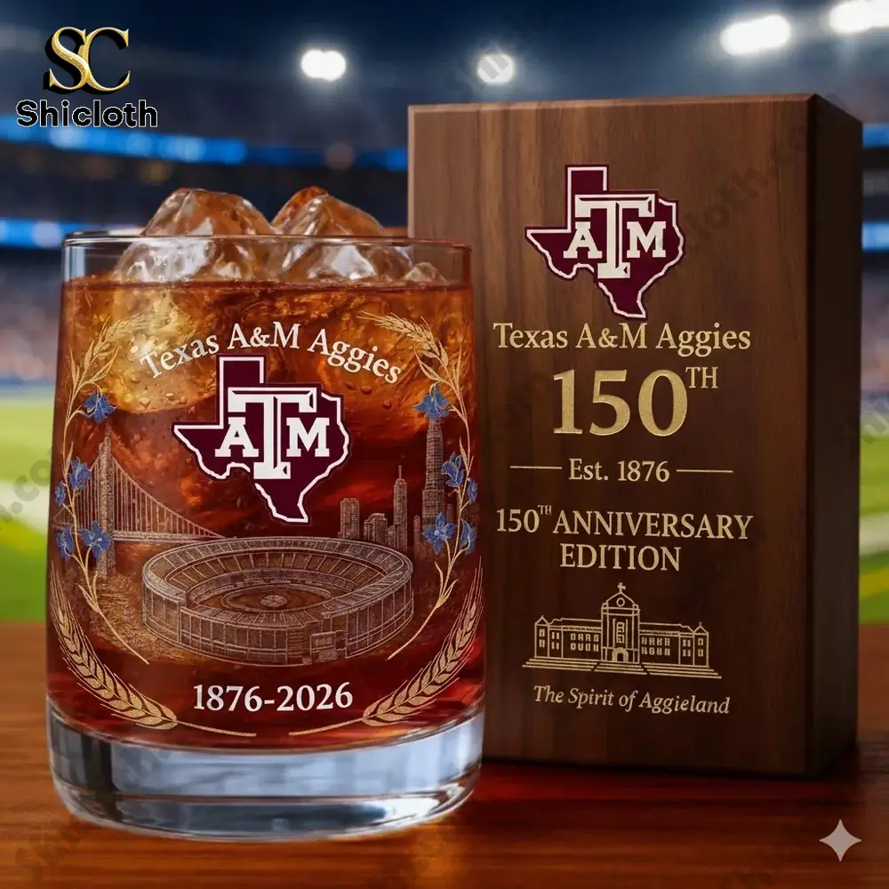Texas AM Aggies 150th anniversary glass with ice and wooden box!