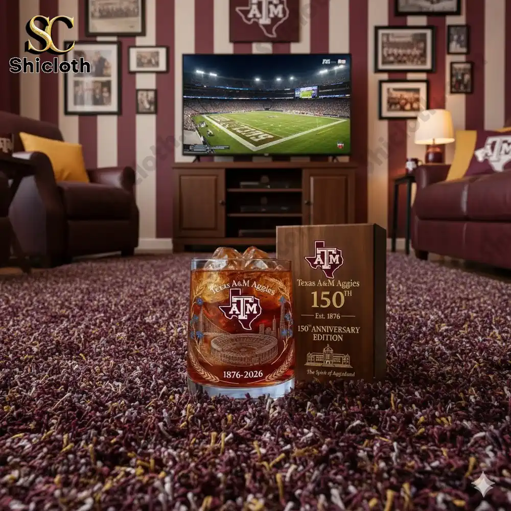 Texas AM Aggies anniversary glass in a fan living room with football on TV!