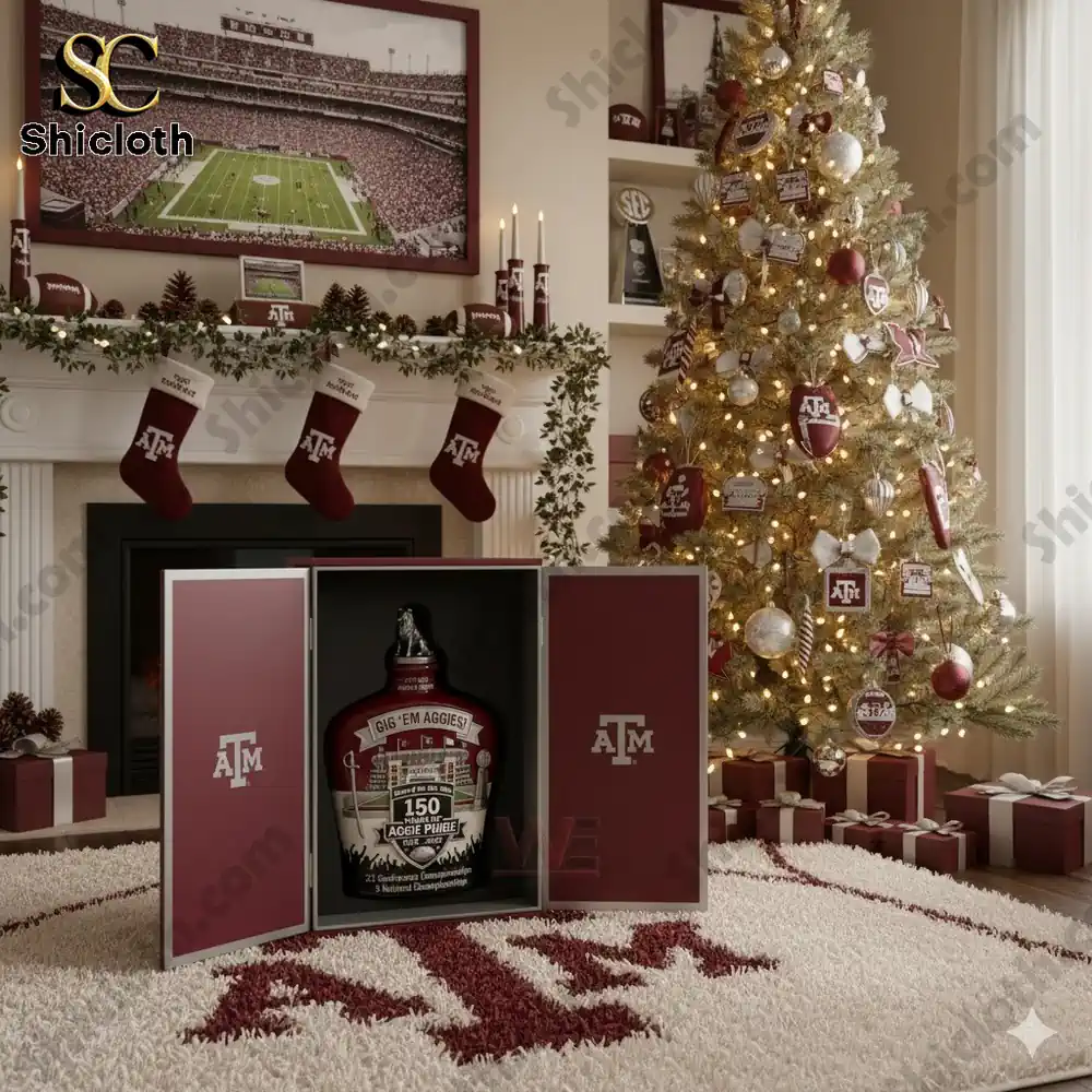 Texas A&M-themed Christmas setup with a whiskey bottle placed in front of the tree and fireplace.