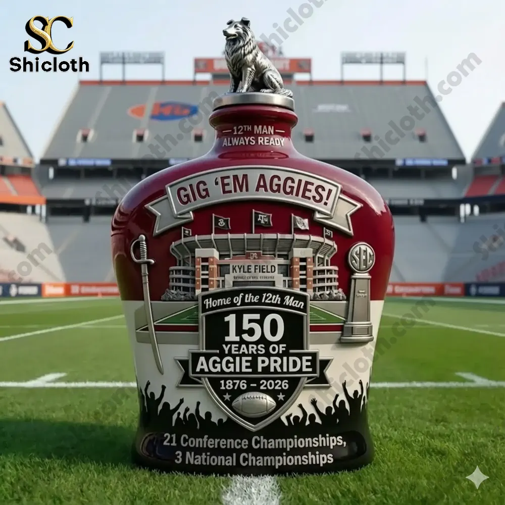 Close-up of the Texas A&M 150th Anniversary whiskey bottle with Kyle Field in the background.