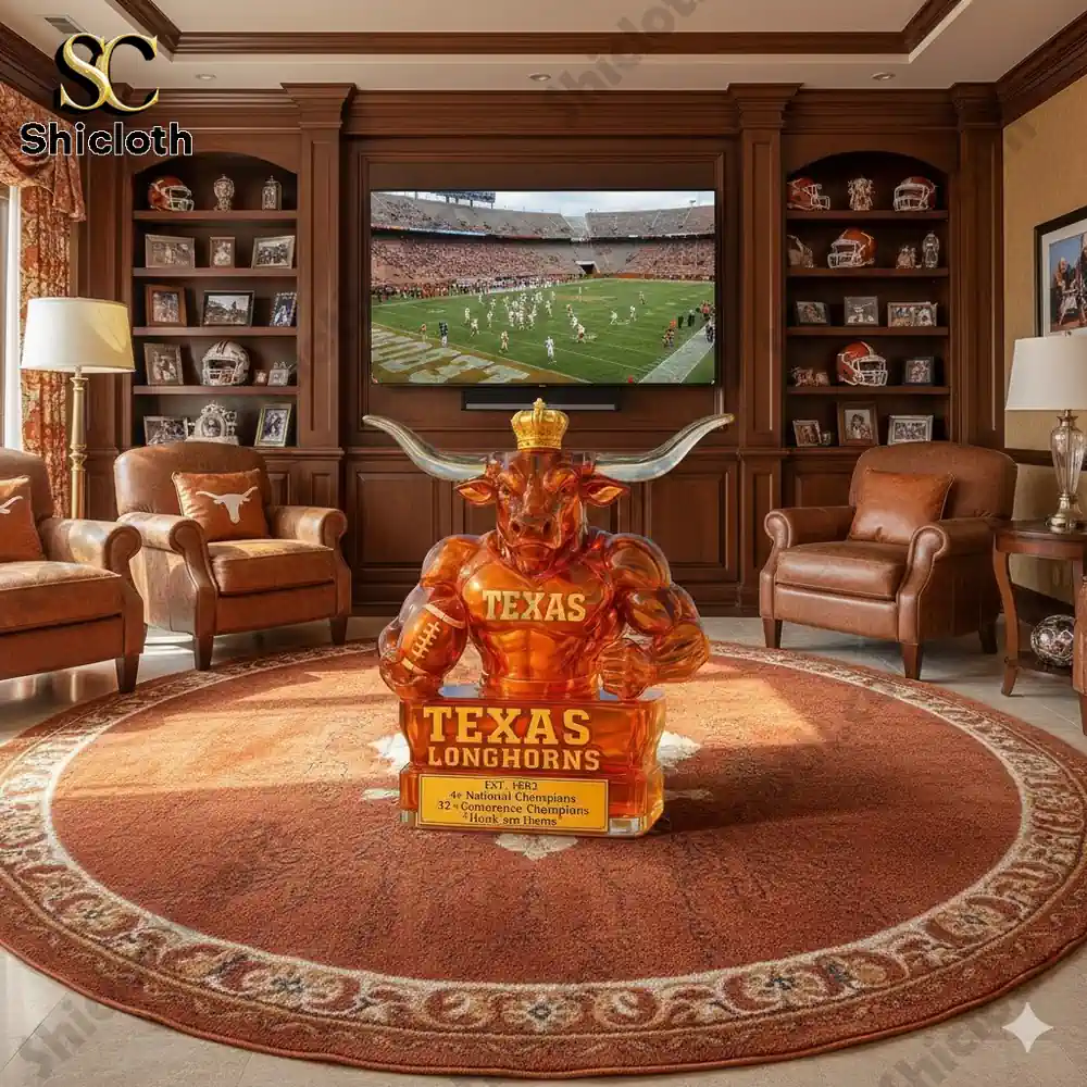 Orange bull statue with Texas text in an elegant living room.