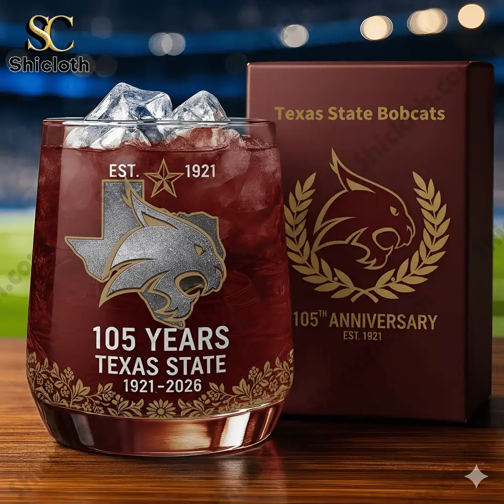 Texas State Bobcats anniversary glass with ice and branded gift box!