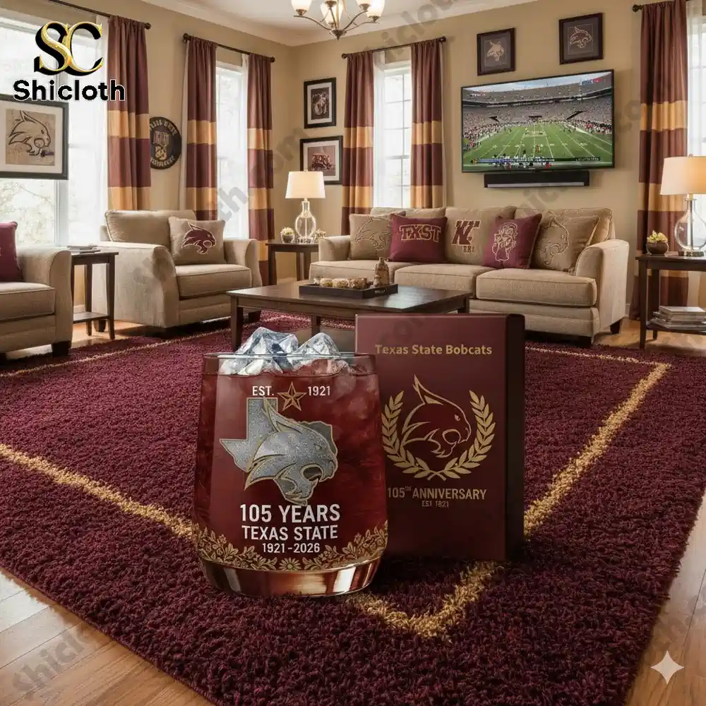 Texas State themed living room with anniversary glass and gift box on table!