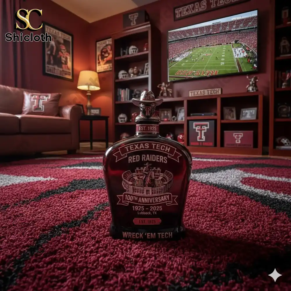 Ceramic anniversary bottle placed on a red themed Texas Tech living room floor with sports decor!