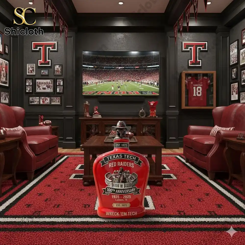 Texas Tech Red Raiders themed bottle displayed in a luxury fan room!