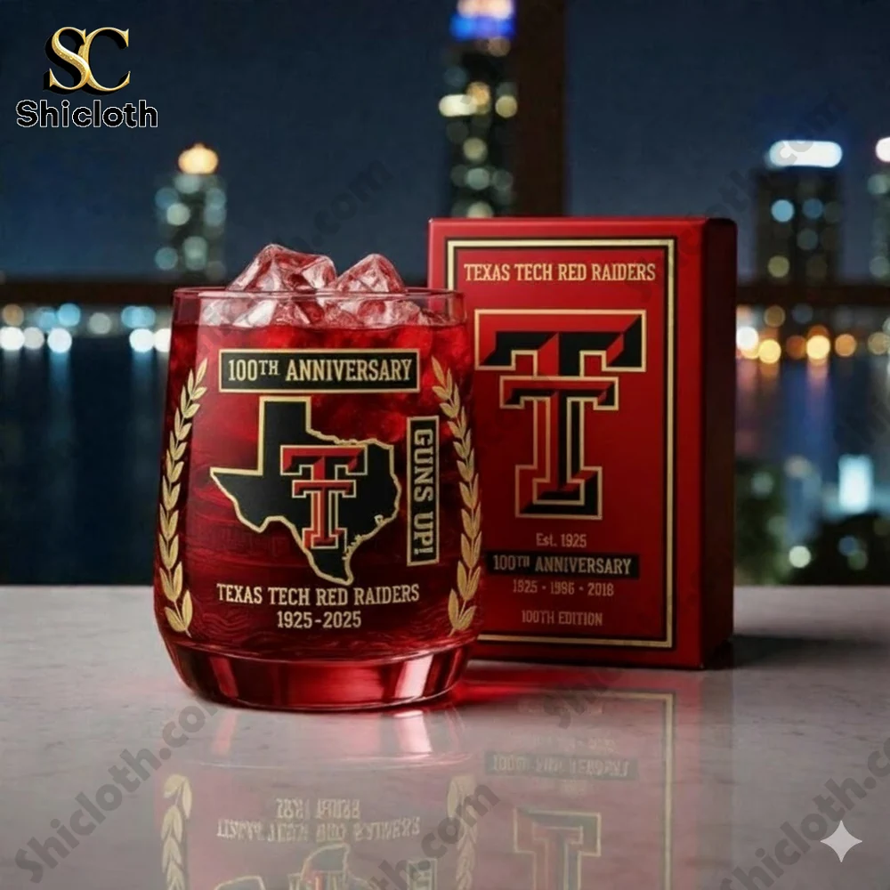 Texas Tech Red Raiders anniversary glass with ice cubes and red liquid!