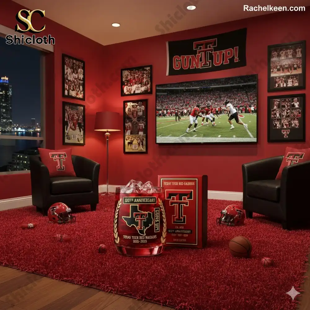 Texas Tech Red Raiders themed fan room with anniversary glass on display!