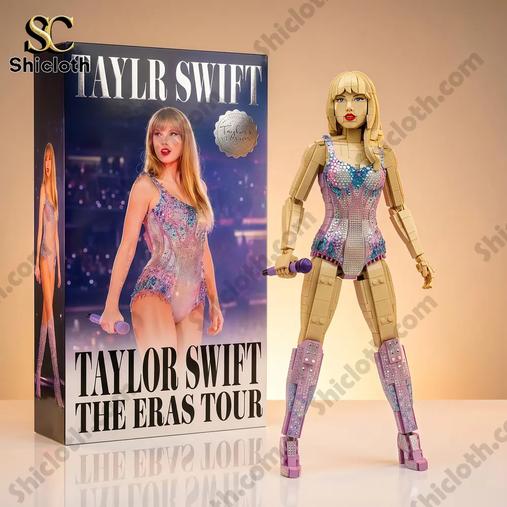 A blond articulated brick figure in a sparkling outfit stands beside a product box featuring a similar performer image.