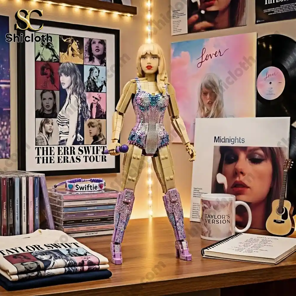 A blond brick figure in a sparkling costume stands on a desk surrounded by albums posters and memorabilia.