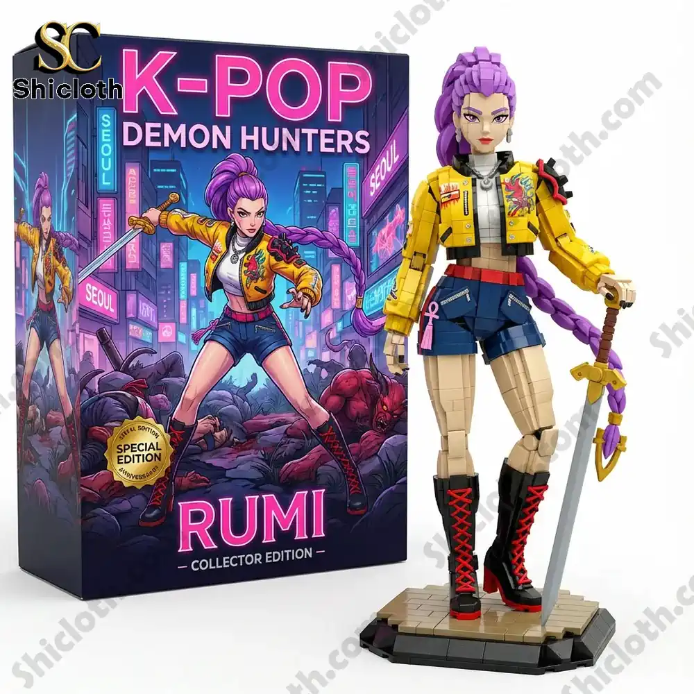 A collectible building figure of a purple haired girl in a yellow jacket holding a sword with a city themed box.
